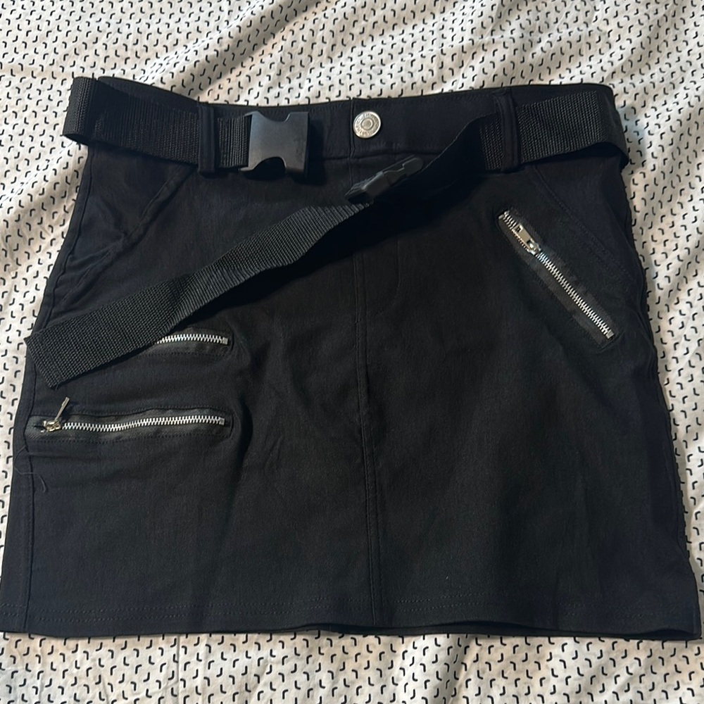 Black Mini Skirt with Belt and Zipper Pockets